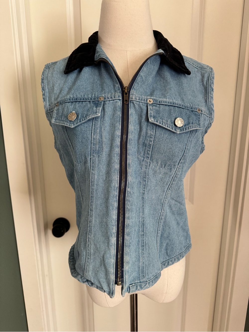 Women’s Light Blue Denim Zip Vest with Black Velvet Collar